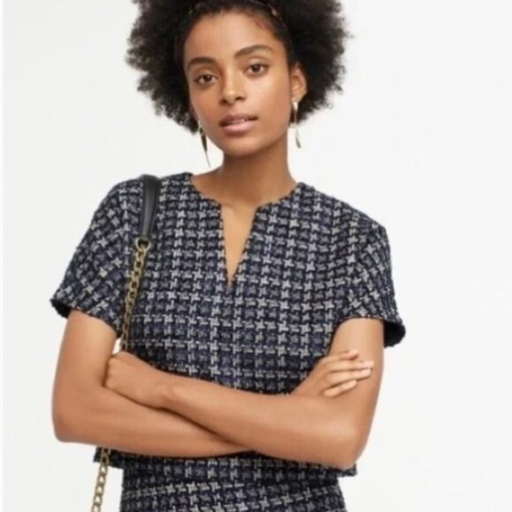 J.Crew Cropped Cap Sleeve Tweed Top Metallic Houndstooth Lined Chic Work Size 14